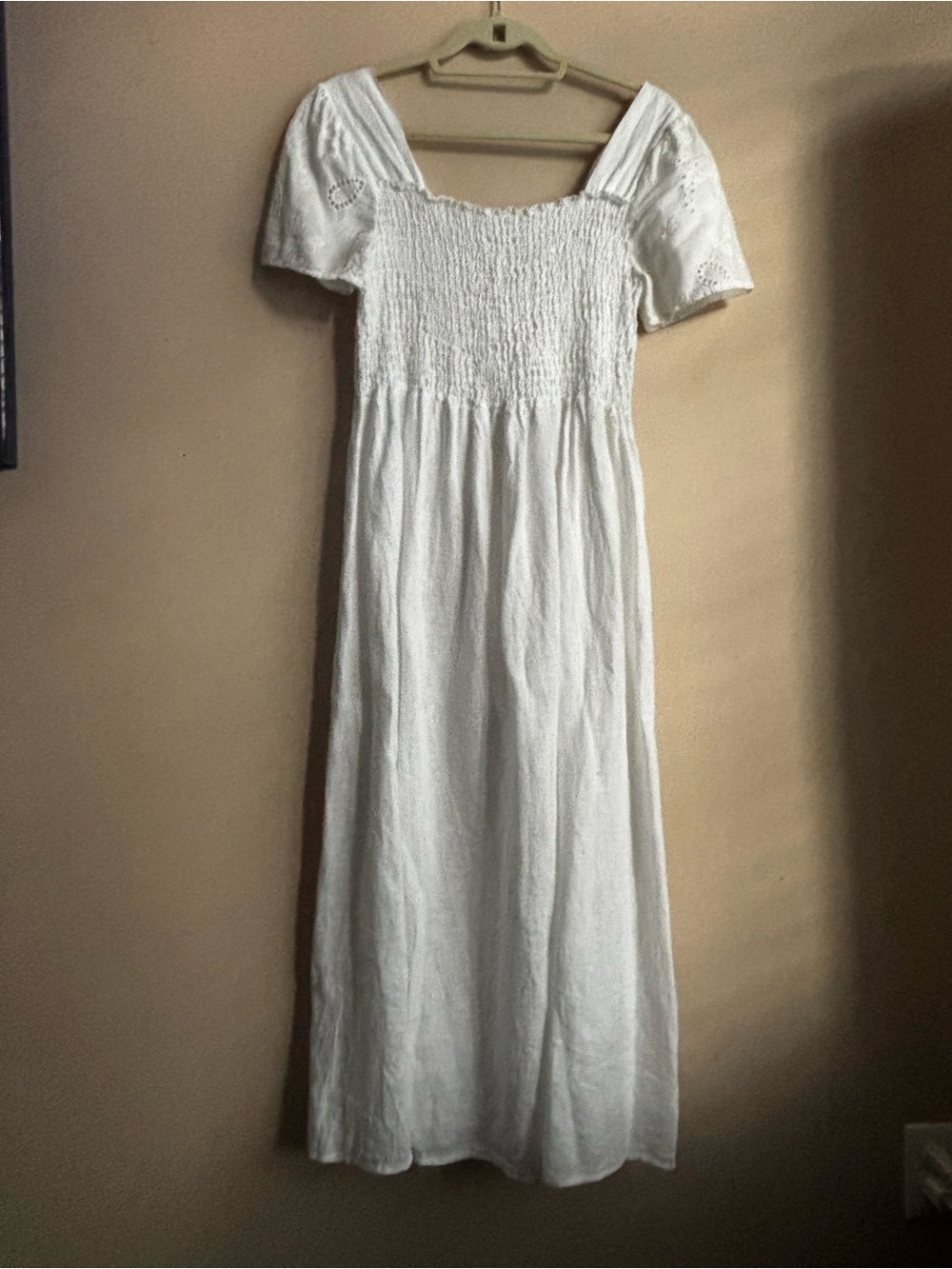 Wiya Italy Linen White Smocked Eyelet Sleeve Dress Sz S/M - Picture 2 of 9